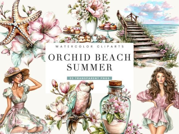 Download Watercolor Orchid Beach Summer Clipart - Watercolor Collection
